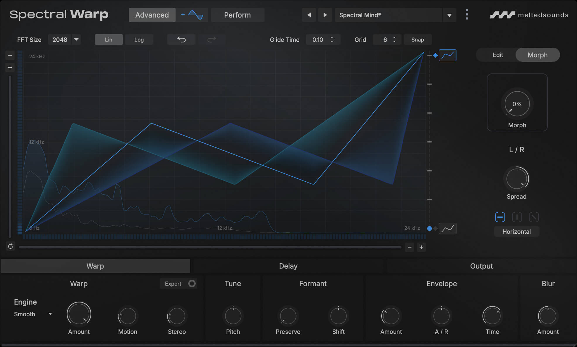 Spectral Warp interface showing the frequency map and snapshot morphing